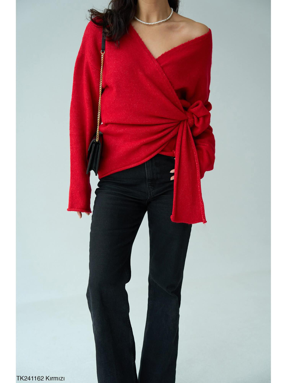 Kruvaze Bağlamalı Kazak Tk241162 KırmızıCoral