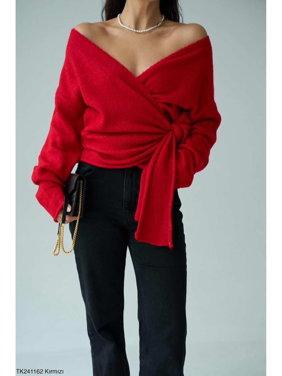 Kruvaze Bağlamalı Kazak Tk241162 KırmızıCoral