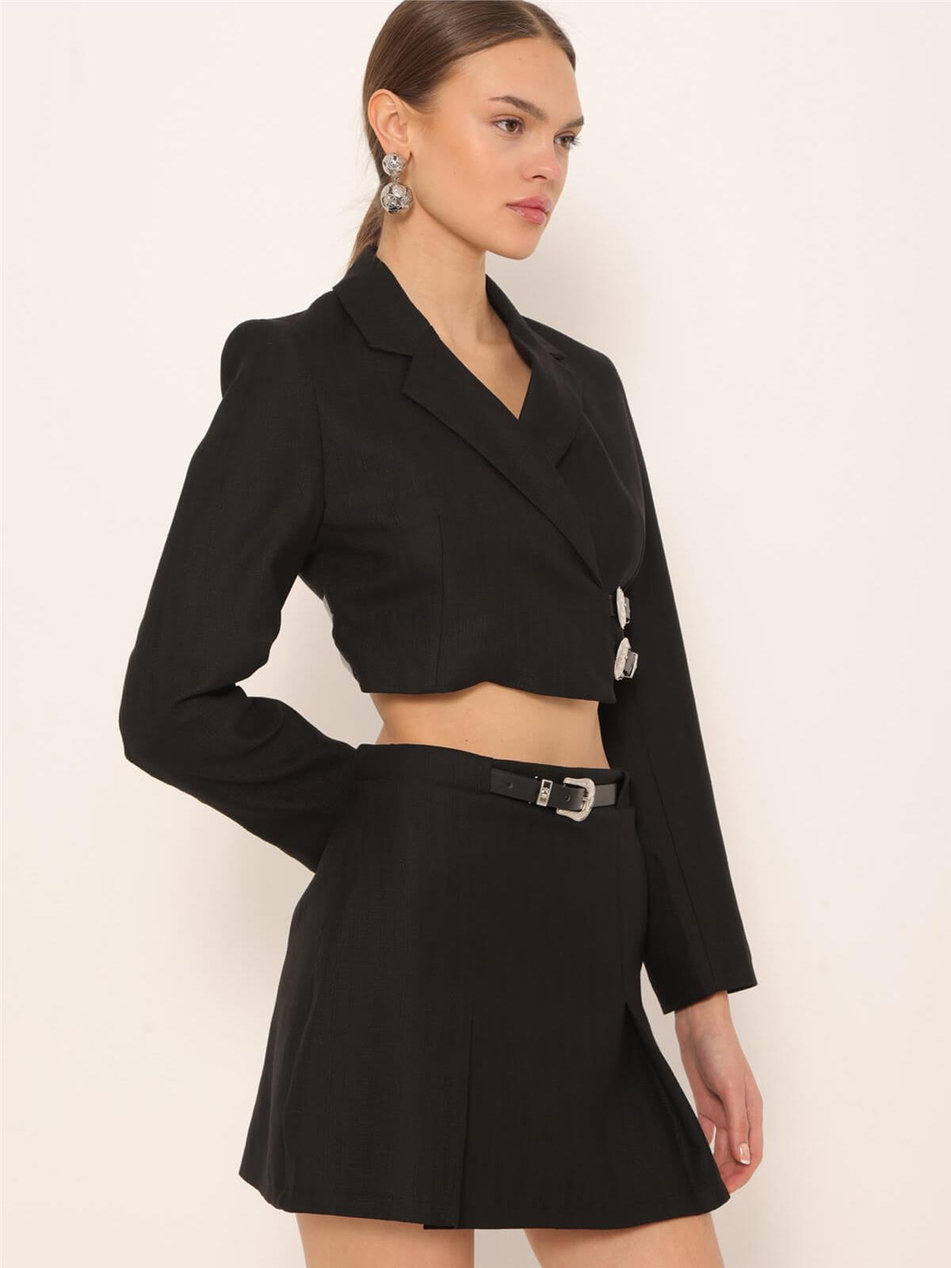 Kruvaze Yaka Kısa Blazer Ceket Siyah-Coral