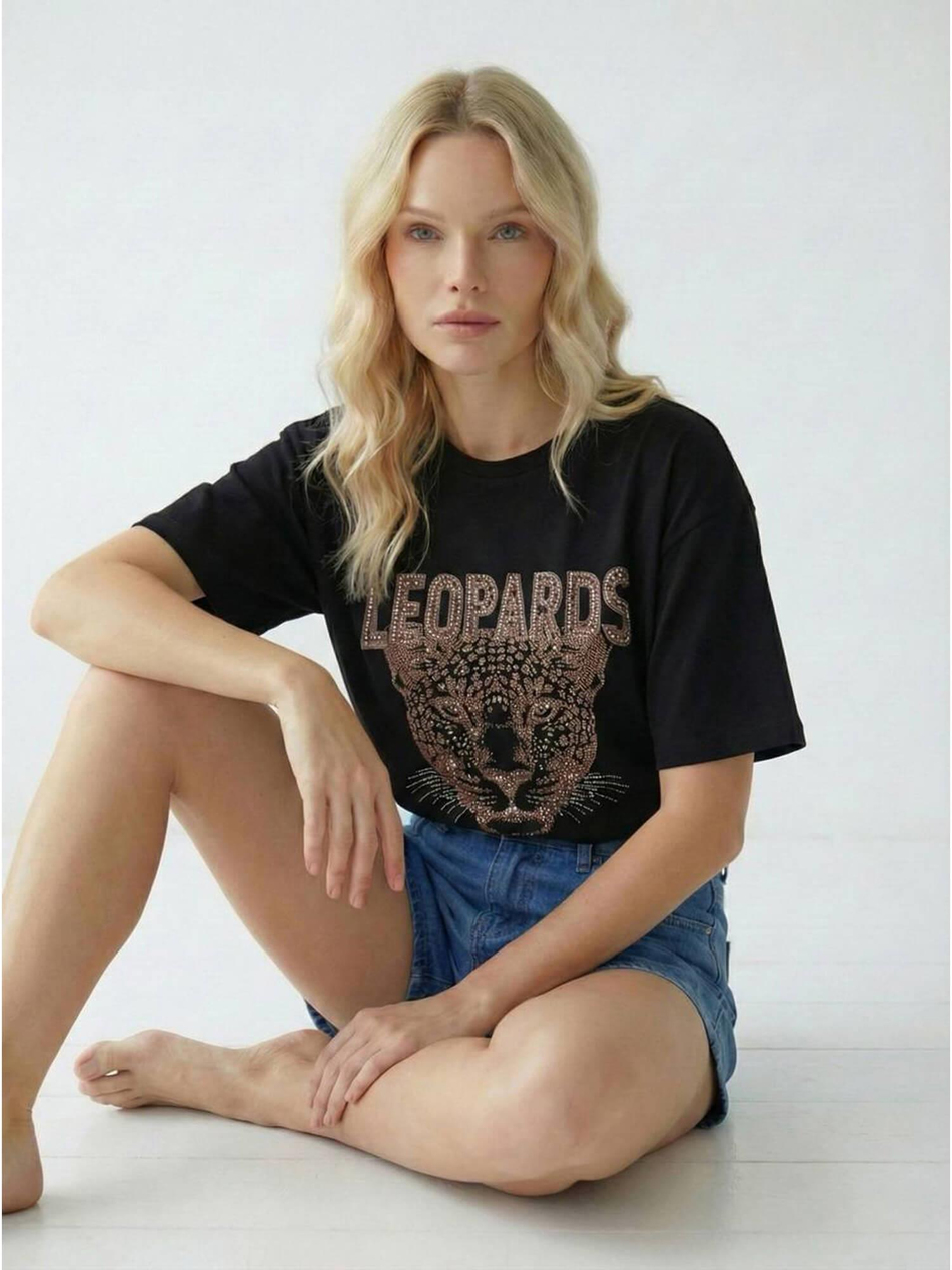 Küçük Taşlı Leopar Baskılı Tişört 7424 SiyahCoral