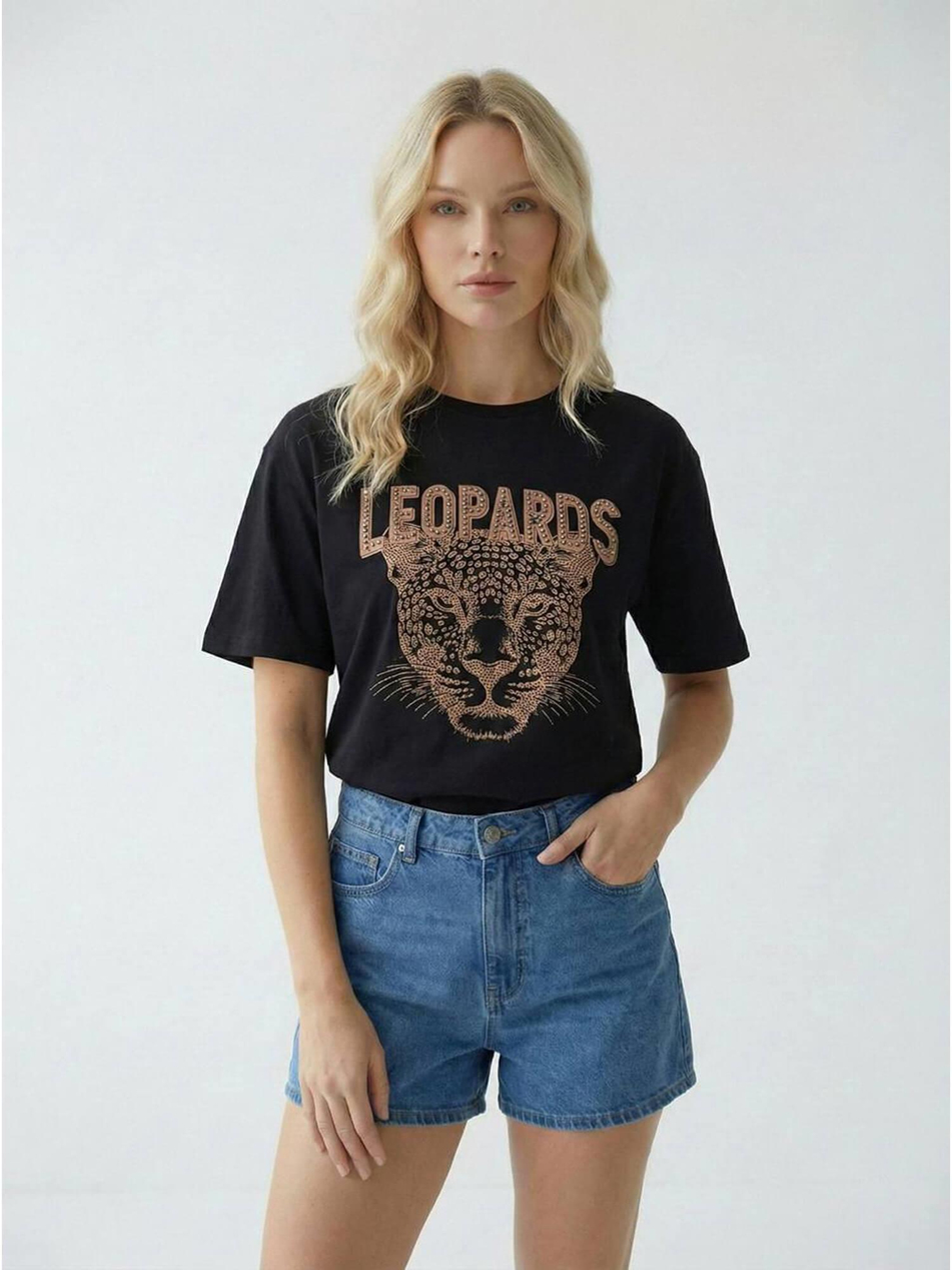 Küçük Taşlı Leopar Baskılı Tişört 7424 SiyahCoral