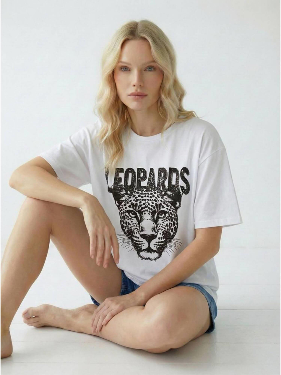 Küçük Taşlı Leopar Baskılı Tişört 7424 BeyazCoral