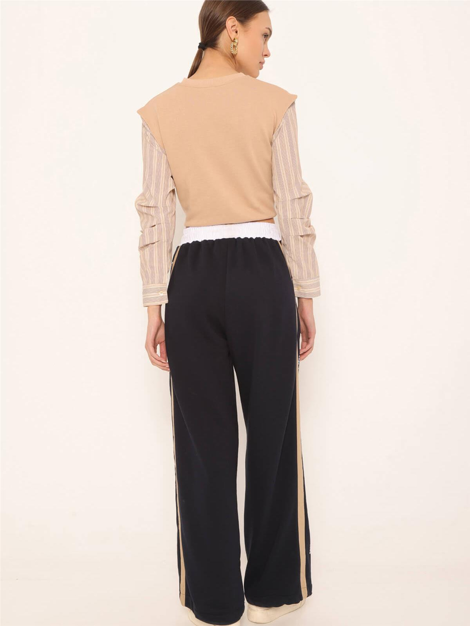 Kumaş Karışımlı Baskı Detaylı Pantolon Lacivert-Coral