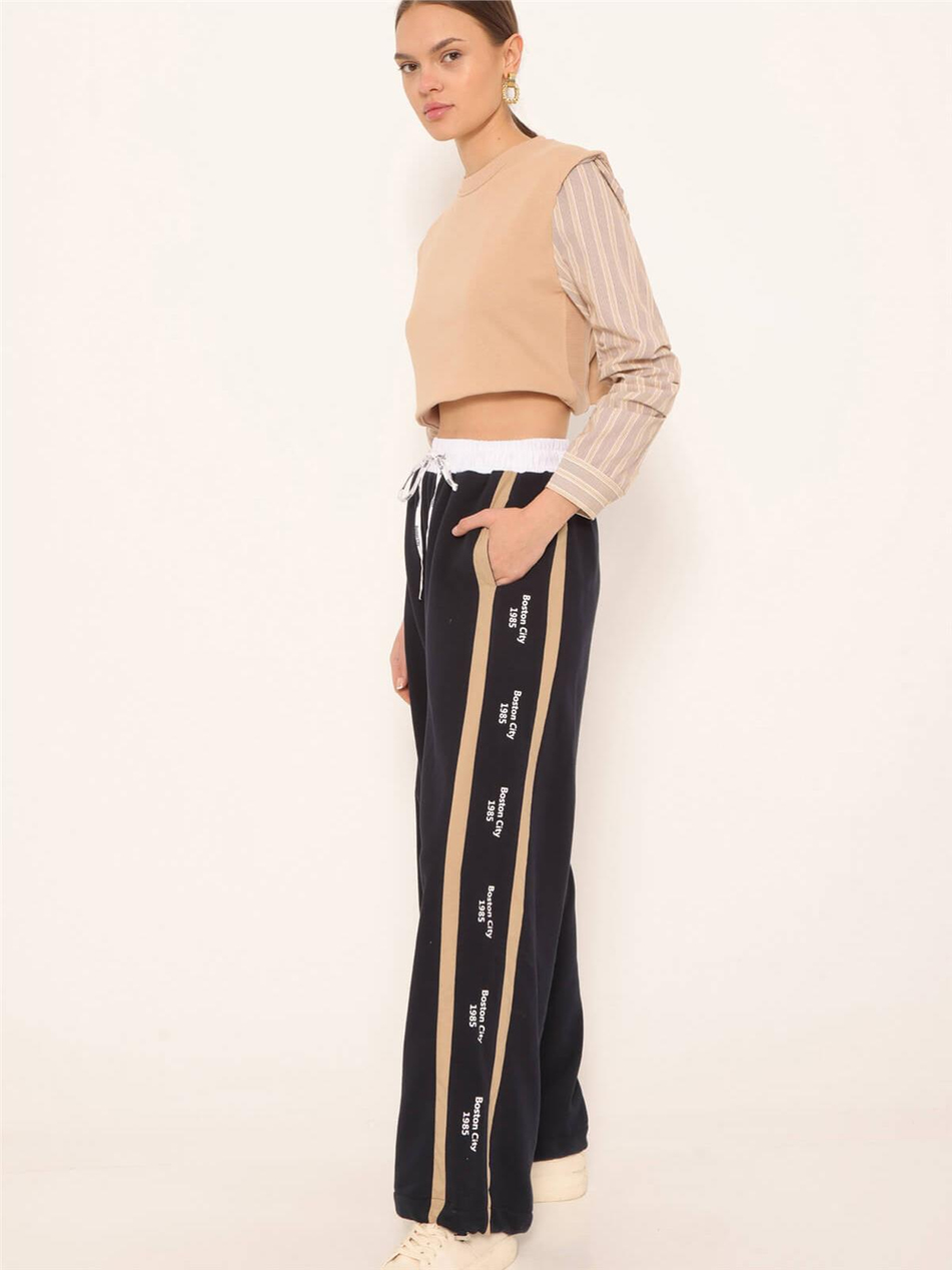 Kumaş Karışımlı Baskı Detaylı Pantolon Lacivert-Coral