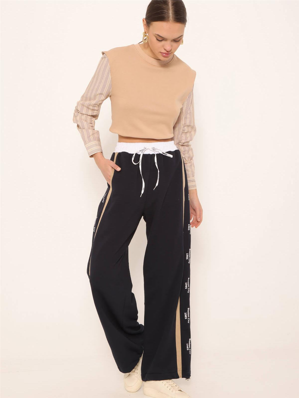 Kumaş Karışımlı Baskı Detaylı Pantolon Lacivert-Coral