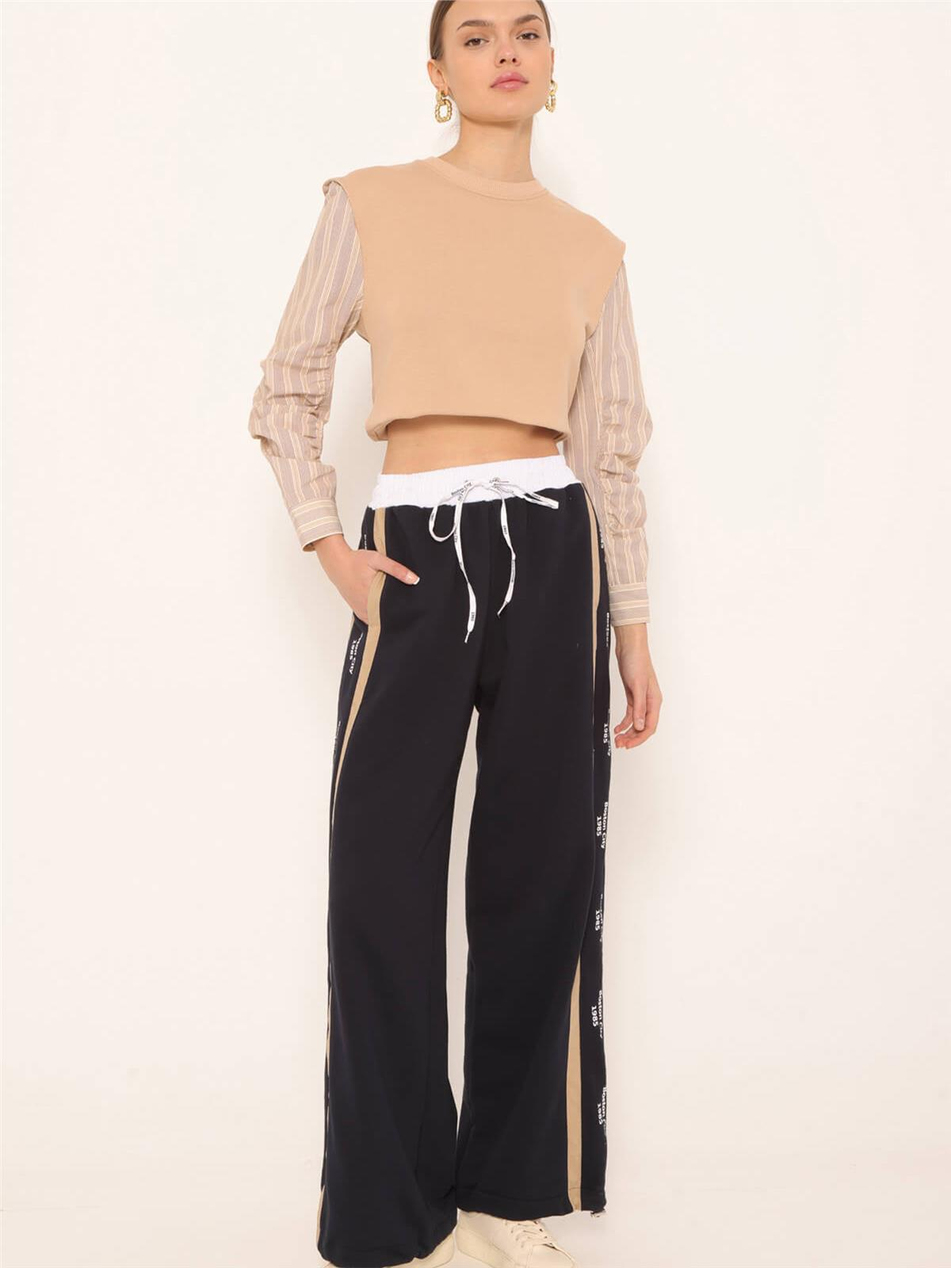 Kumaş Karışımlı Baskı Detaylı Pantolon Lacivert-Coral