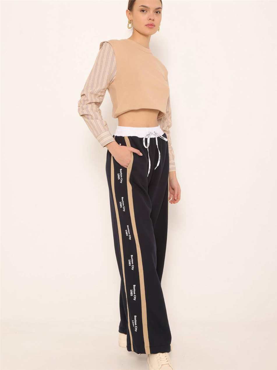 Kumaş Karışımlı Baskı Detaylı Pantolon Lacivert-Coral