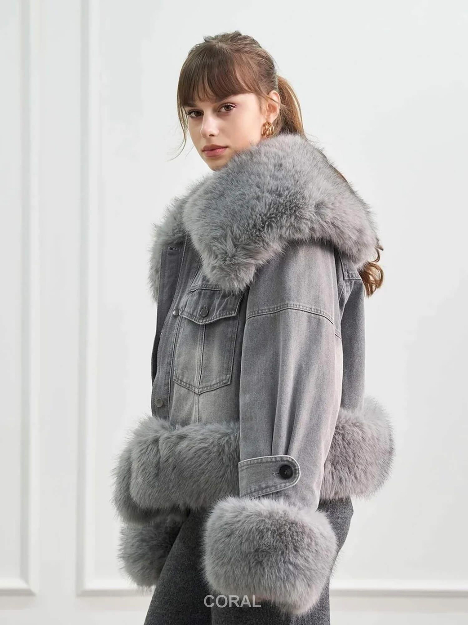 Kürk Detaylı Denim Mont 160956 Vintage GriCoral
