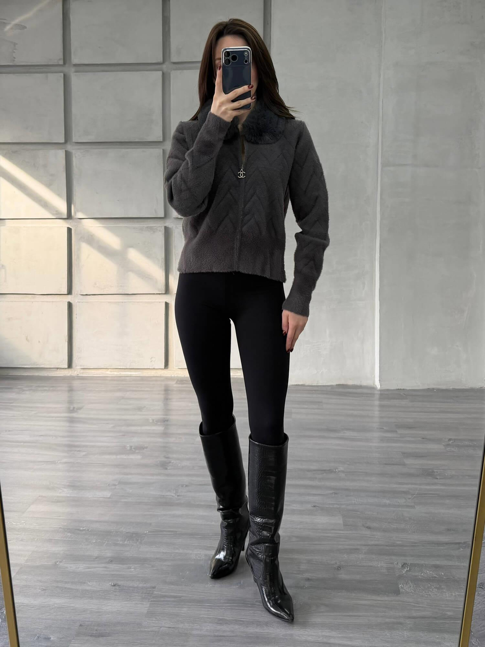 Kürk Yakalı Fermuarlı Peluş Hırka AntrasitCoral