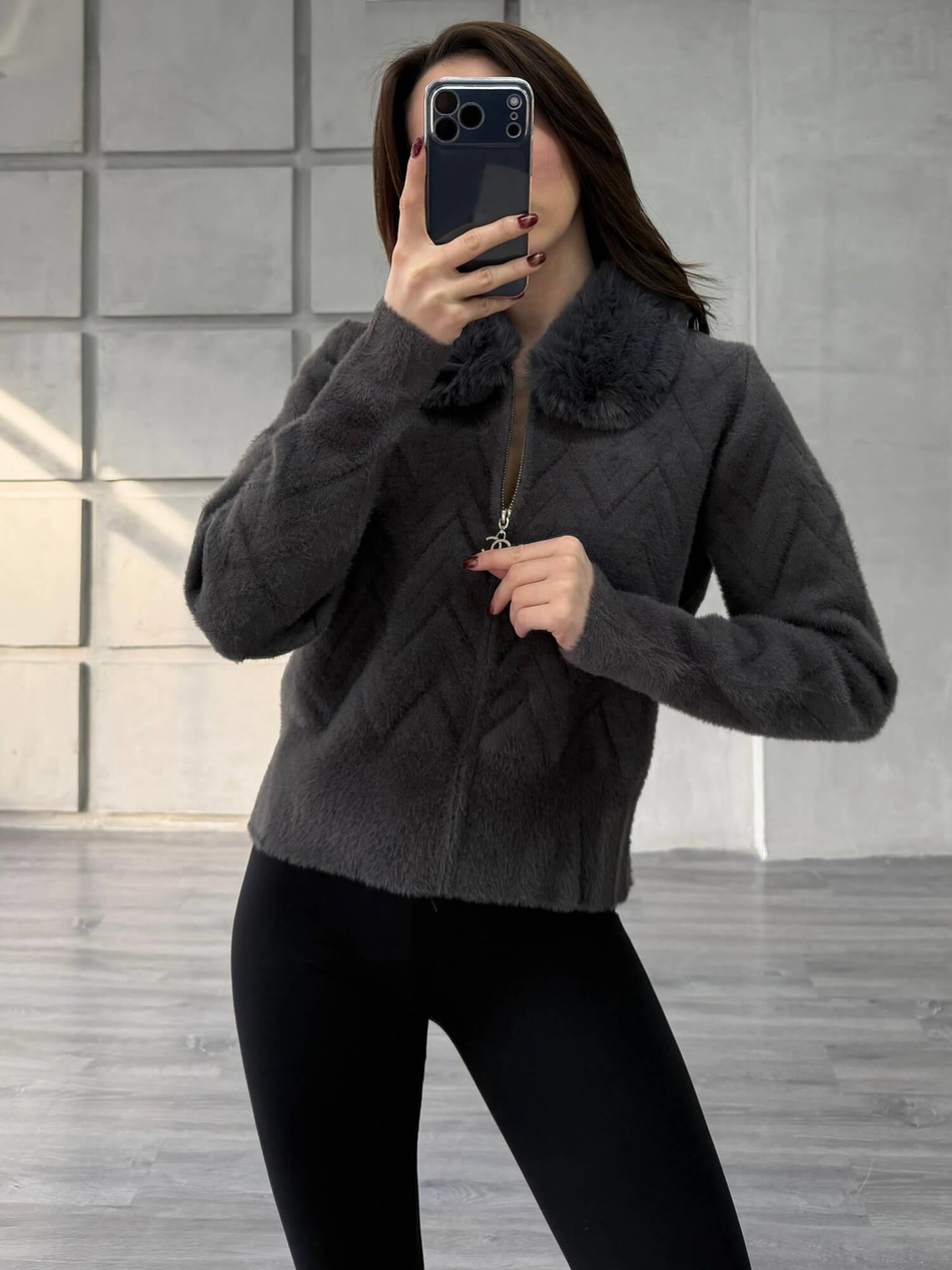 Kürk Yakalı Fermuarlı Peluş Hırka AntrasitCoral