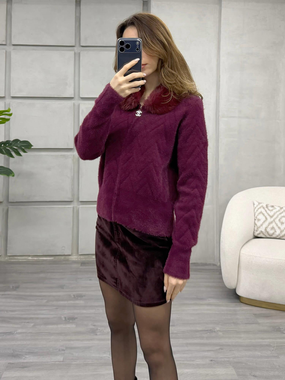 Kürk Yakalı Fermuarlı Peluş Hırka BordoCoral