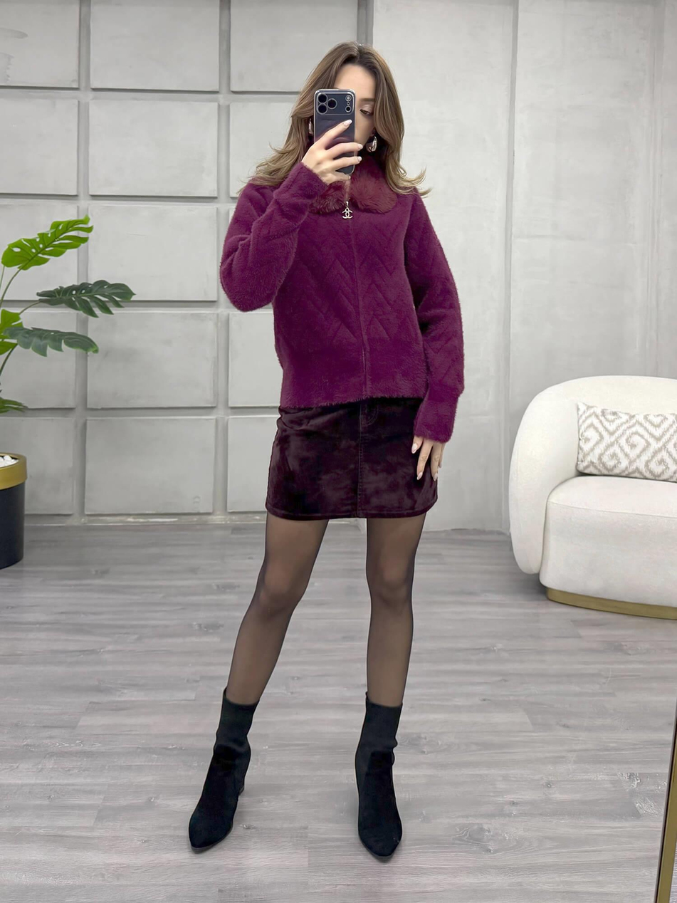 Kürk Yakalı Fermuarlı Peluş Hırka BordoCoral