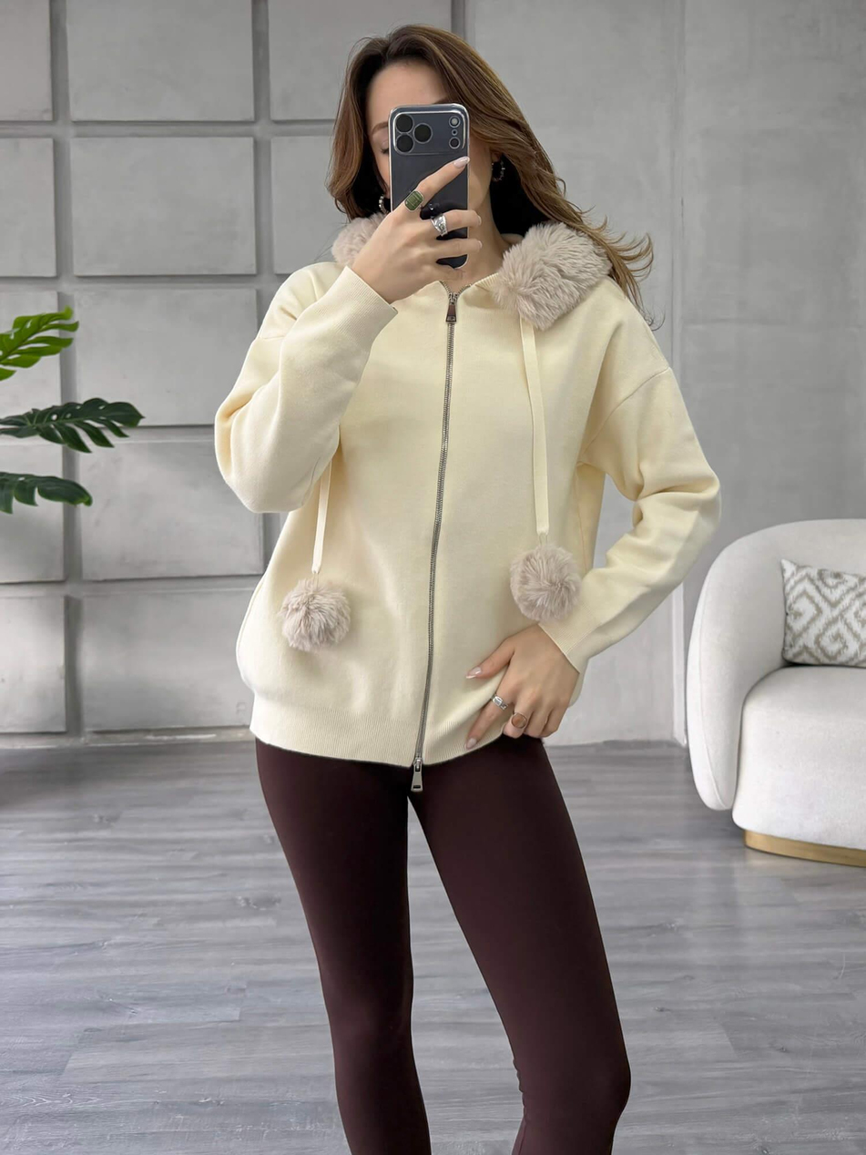 Kürklü Fermuarlı Kazak 140215 VanilyaCoral