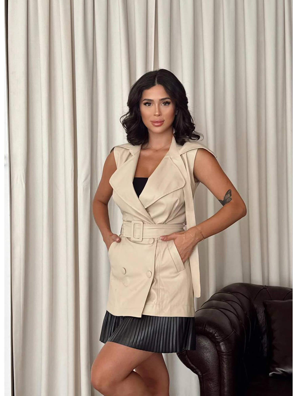 Kuşaklı Deri Yelek 11541 BejCoral