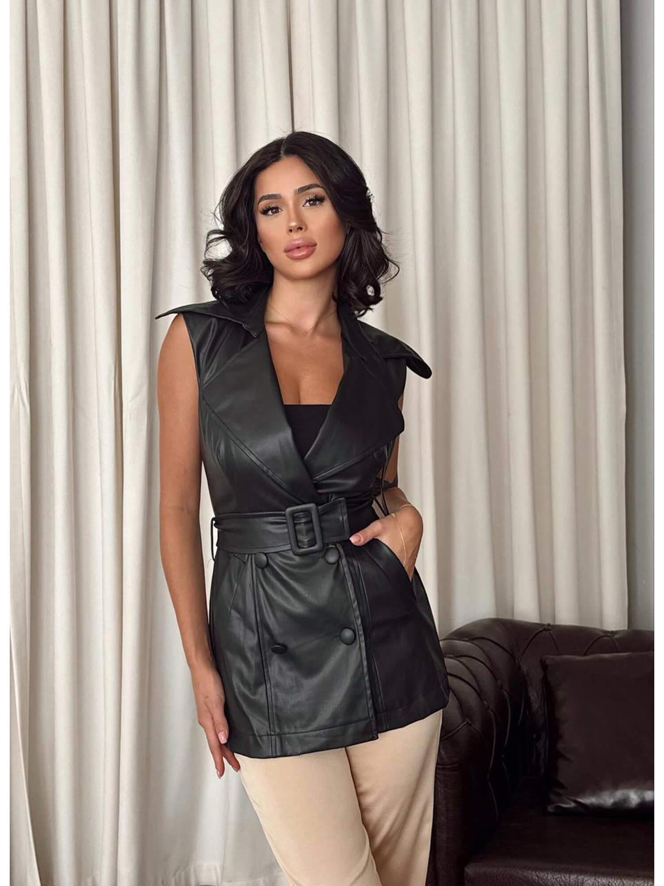 Kuşaklı Deri Yelek 11541 SiyahCoral