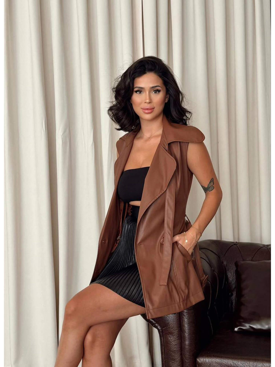 Kuşaklı Deri Yelek 11541 TabaCoral