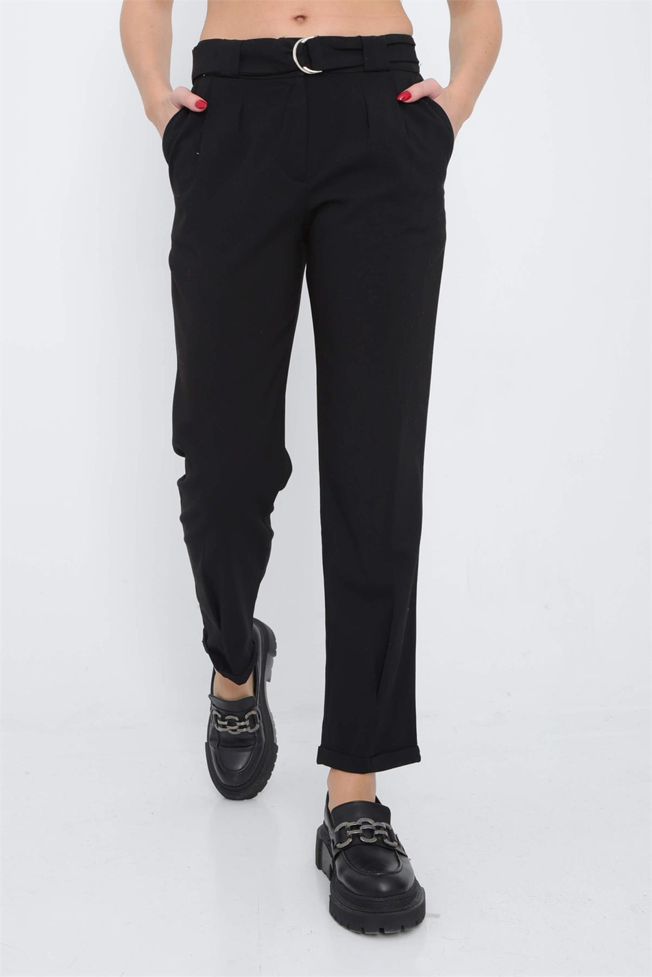 Kuşaklı Duble Paça Pantolon Siyah-Coral