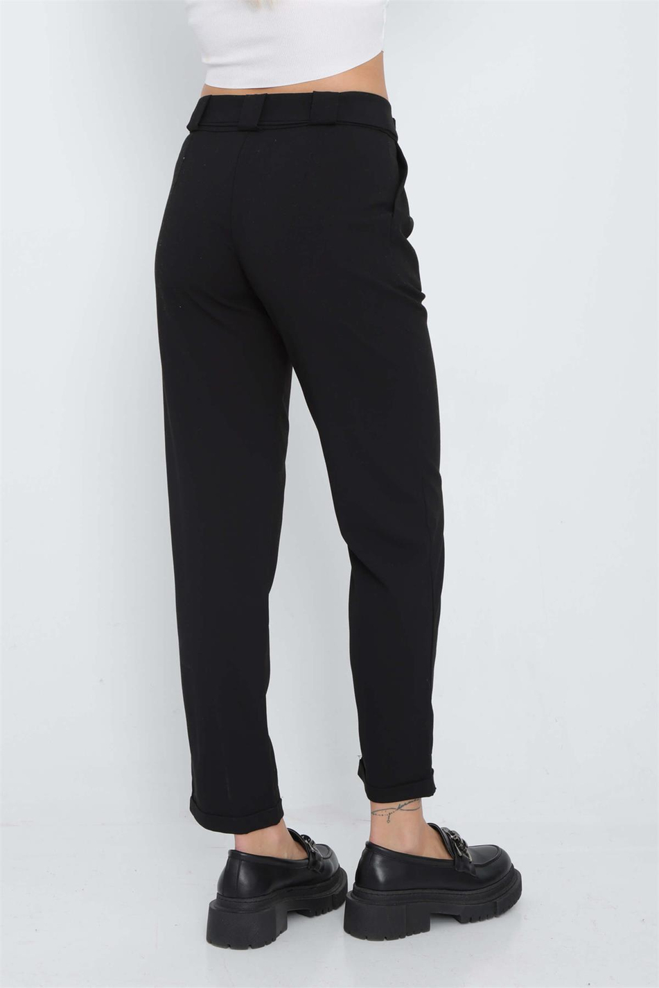 Kuşaklı Duble Paça Pantolon Siyah-Coral