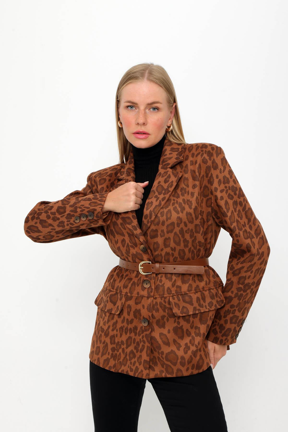 Leopar Desenli Blazer Ceket Leopar-Coral