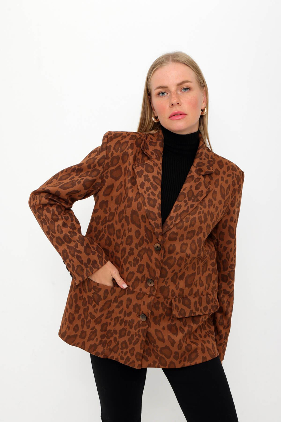 Leopar Desenli Blazer Ceket Leopar-Coral