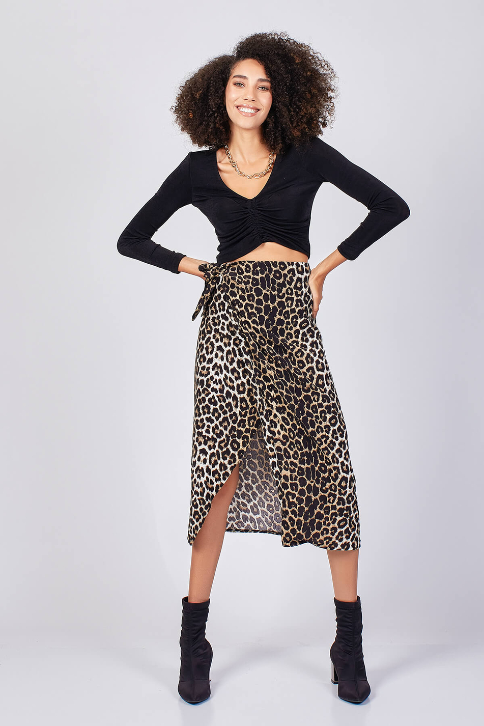 Leopar Desenli Etek Siyah - Beyaz-Coral