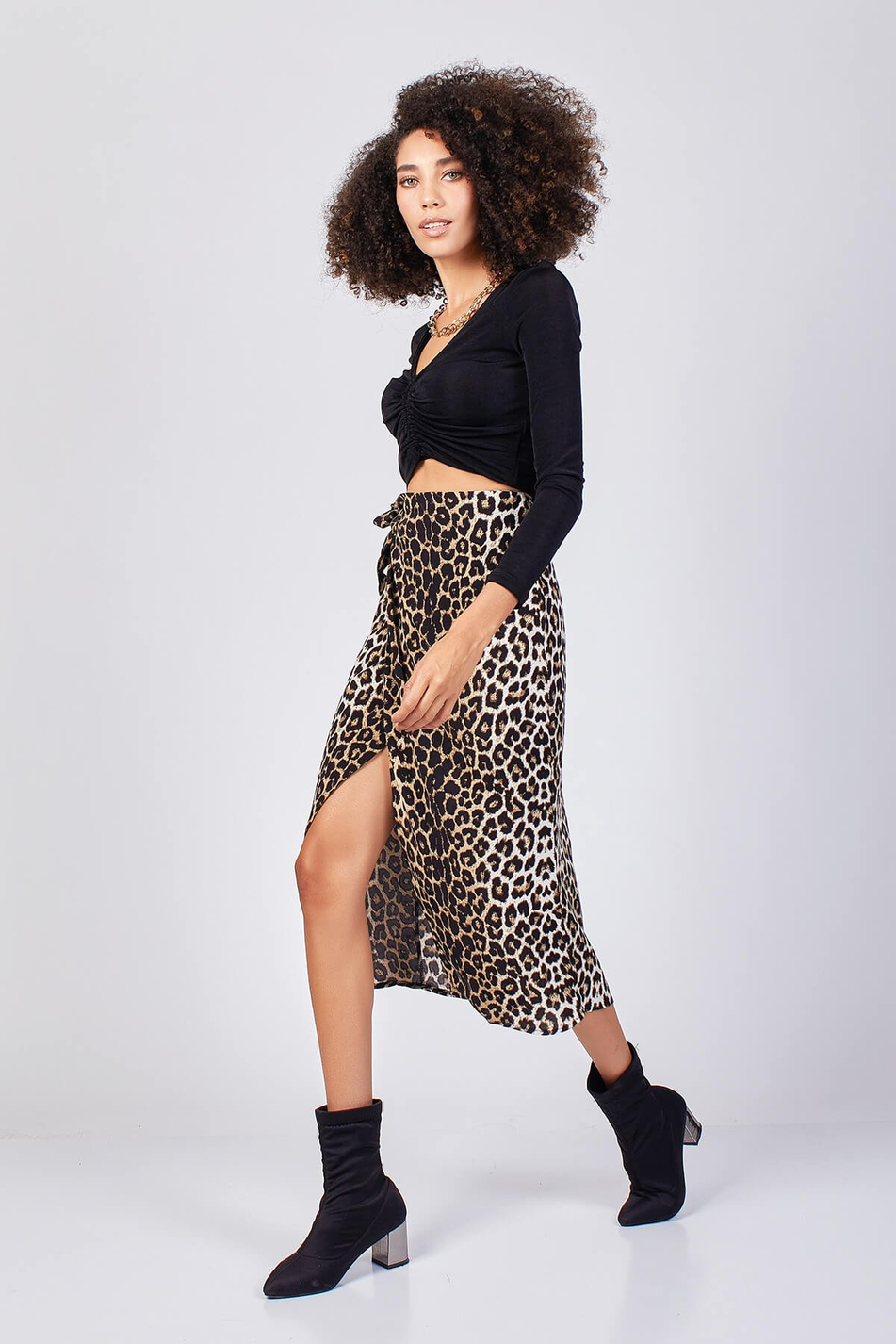 Leopar Desenli Etek Siyah - Beyaz-Coral