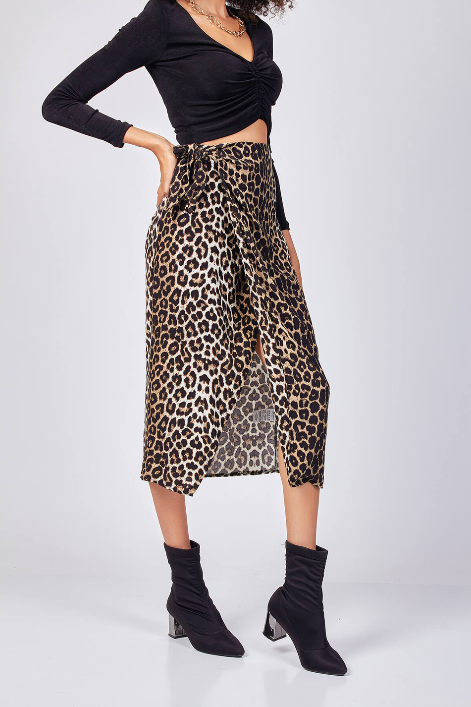 Leopar Desenli Etek Siyah - Beyaz-Coral