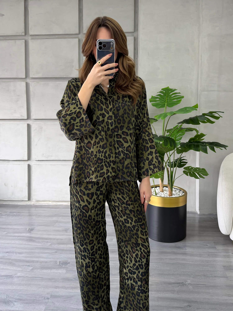 Leopar Desenli Gömlek Pantolon Takım 7184 HakiCoral