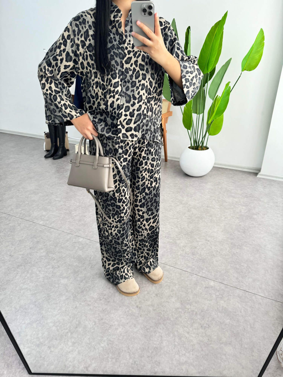 Leopar Desenli Gömlek Pantolon Takım 7184 Gri