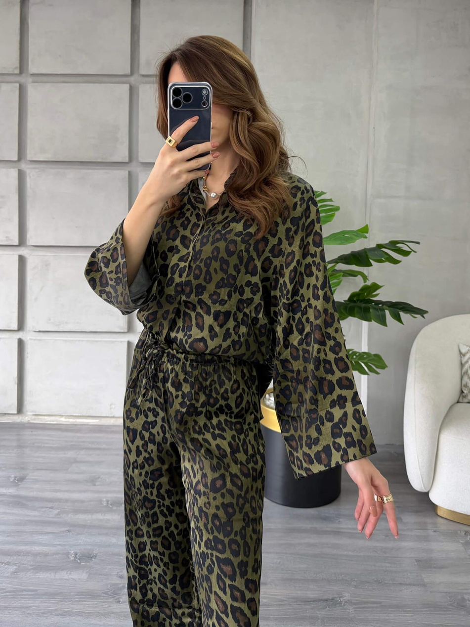 Leopar Desenli Gömlek Pantolon Takım 7184 HakiCoral