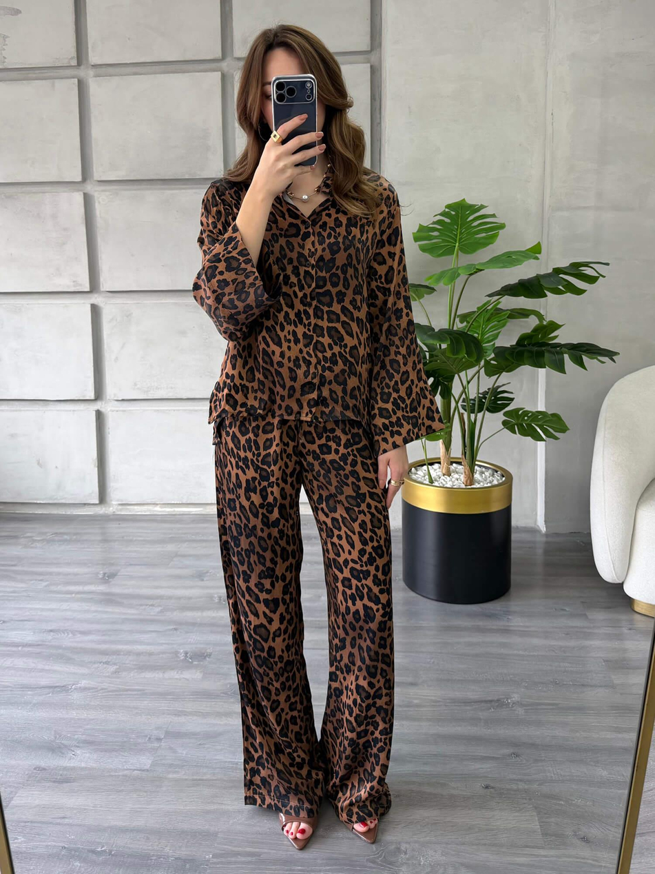 Leopar Desenli Gömlek Pantolon Takım 7184 Kahve