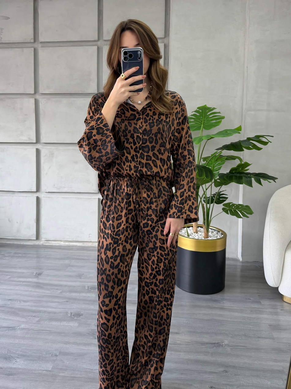 Leopar Desenli Gömlek Pantolon Takım 7184 KahveCoral