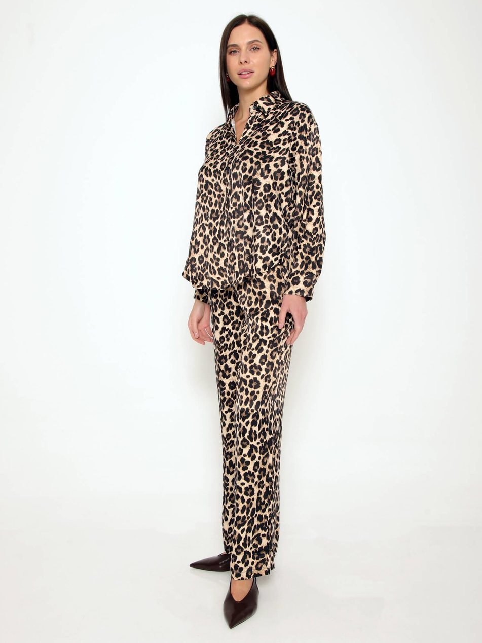 Leopar Desenli Gömlek Pantolon Takım Leopar-Coral
