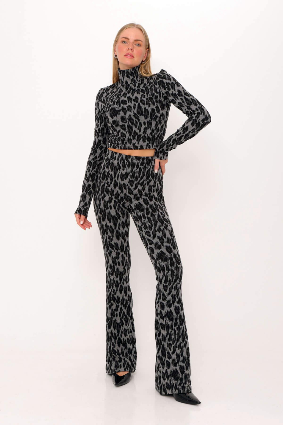Leopar Desenli İspanyol Paça Pantolon Antrasit-Coral