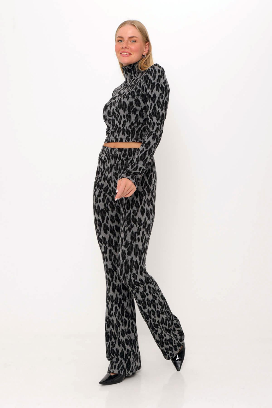 Leopar Desenli İspanyol Paça Pantolon Antrasit-Coral