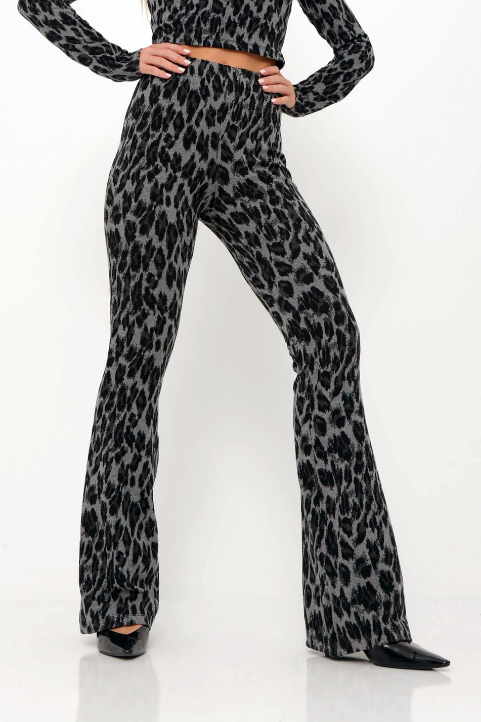 Leopar Desenli İspanyol Paça Pantolon Antrasit-Coral