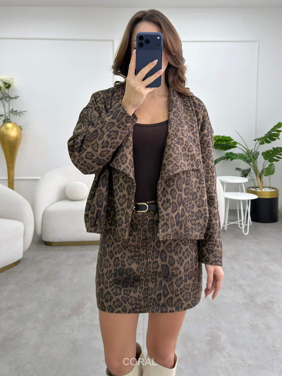 Leopar Desenli Kısa Süet Ceket CKT02558 KahveCoral