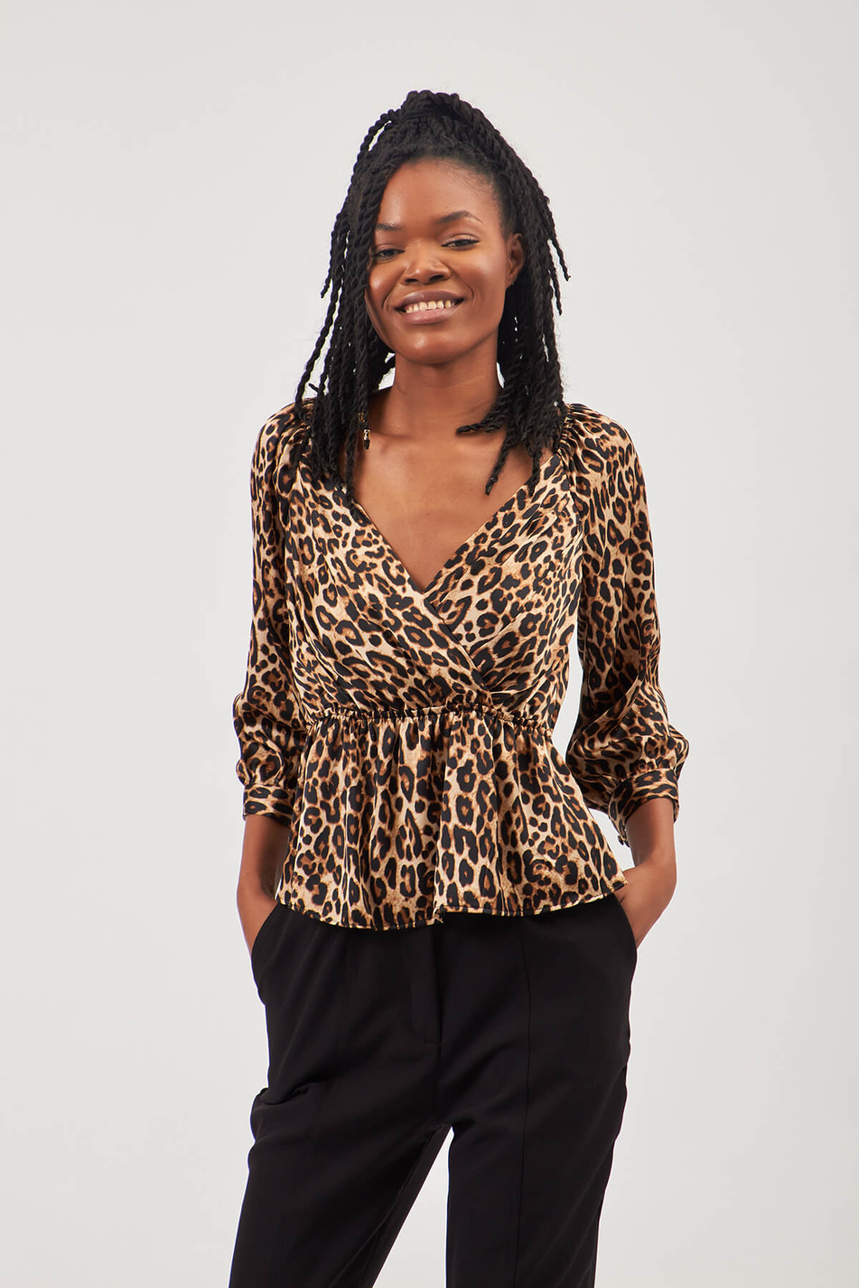 Leopar Desenli Kruvaze Bluz Siyah-Coral