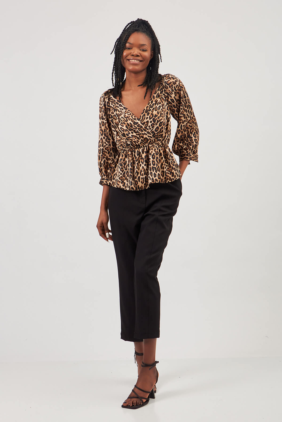 Leopar Desenli Kruvaze Bluz Siyah-Coral
