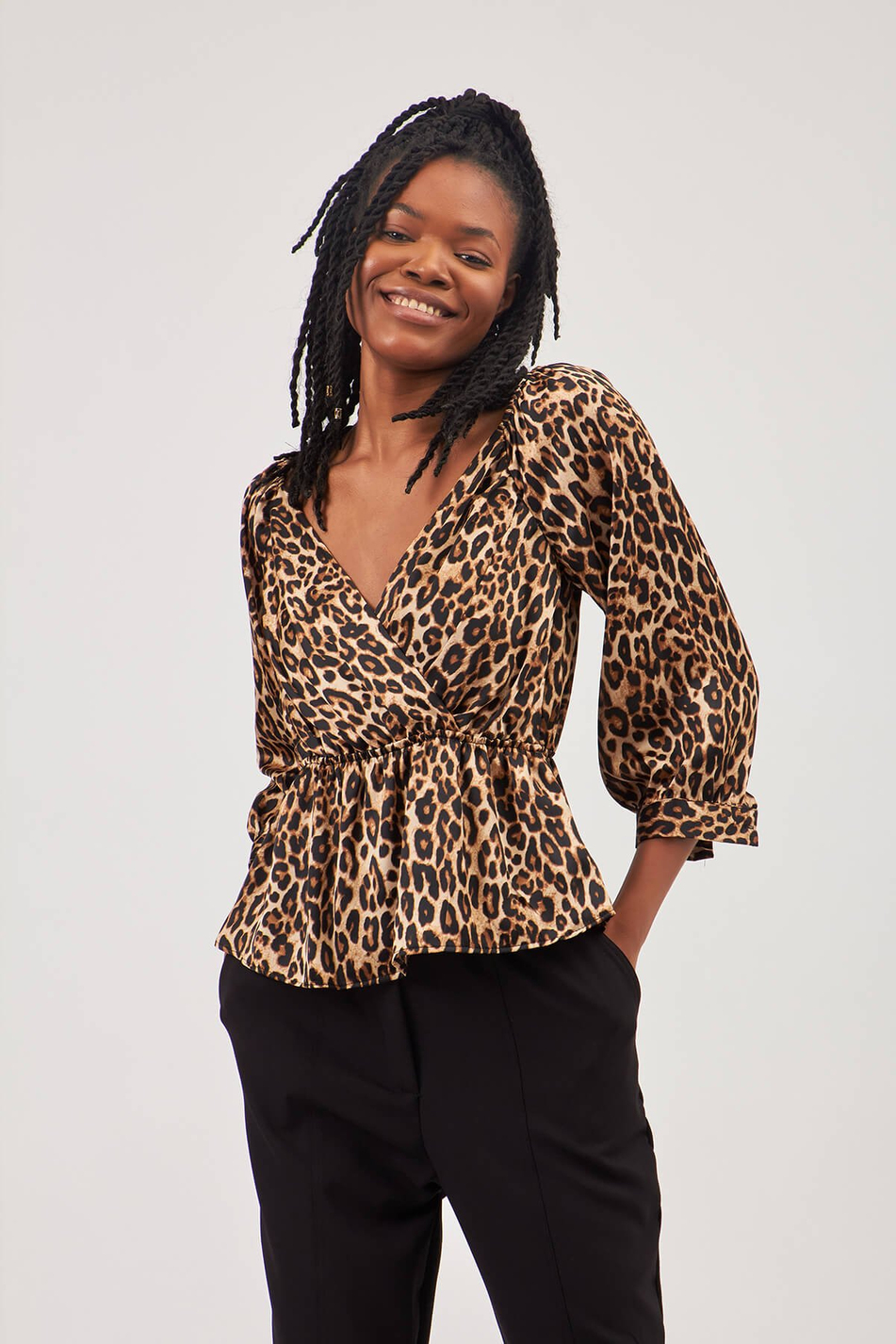 Leopar Desenli Kruvaze Bluz Siyah-Coral