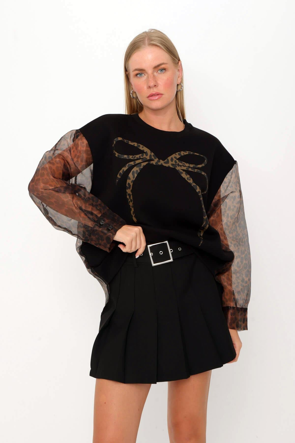 Leopar Desenli Organze Kol Sweatshirt Siyah-Coral