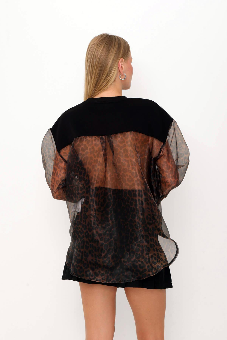 Leopar Desenli Organze Kol Sweatshirt Siyah-Coral