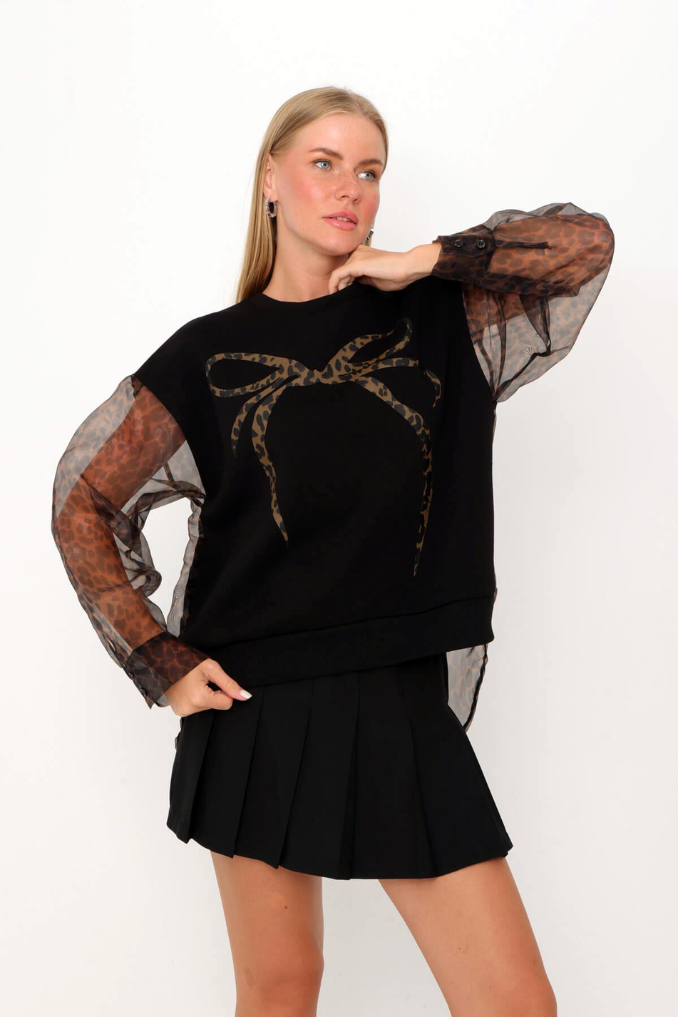 Leopar Desenli Organze Kol Sweatshirt Siyah-Coral