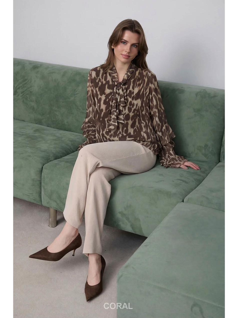 Leopar Desenli Şifon Bluz 5024 KahveCoral