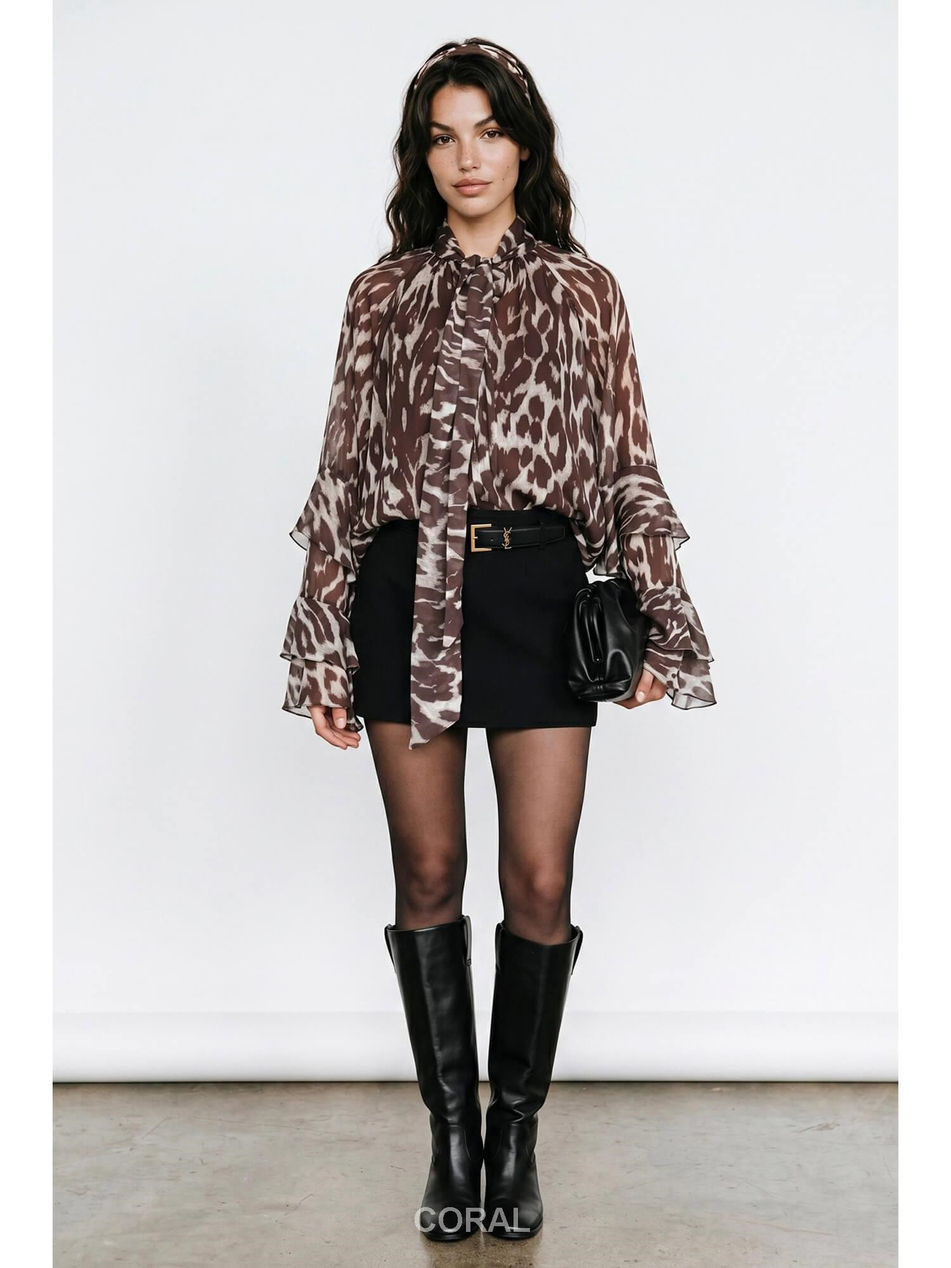 Leopar Desenli Şifon Bluz 5024 KahveCoral