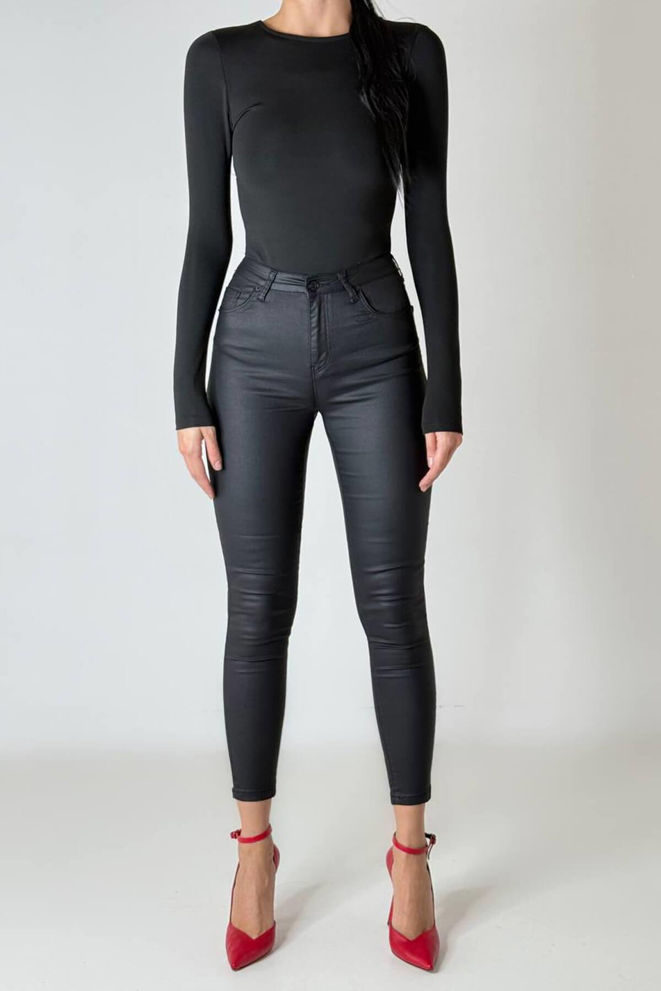 Mumlu Kumaşlı Dar Paça Pantolon Siyah-Coral
