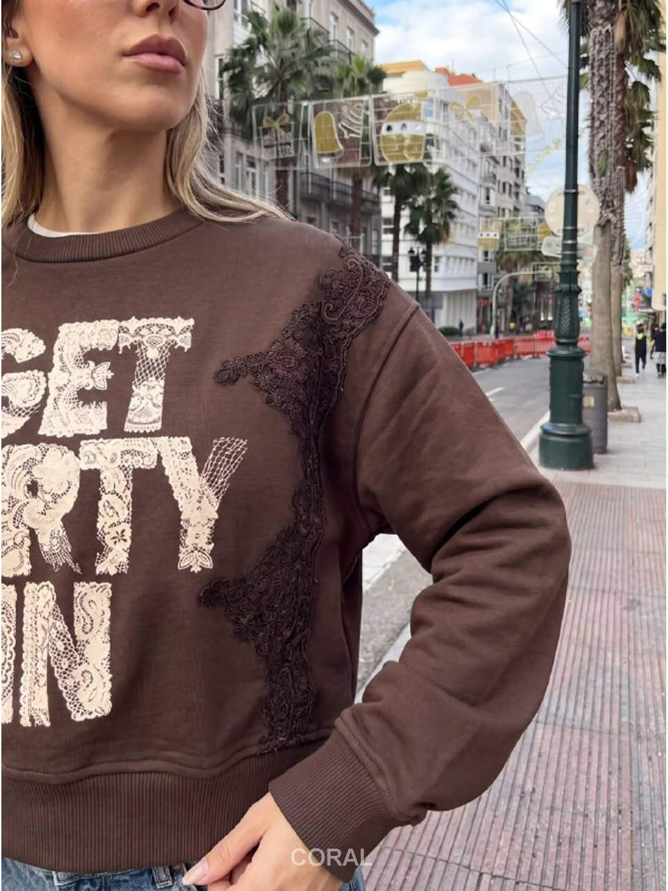 Nakışlı Resimli SweatShirt 5953 KahveCoral