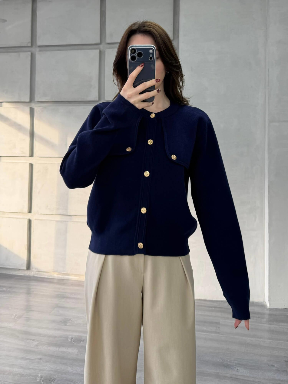 Omuzları Düğme Detaylı Cepsiz Hırka 140360-1 Lacivert