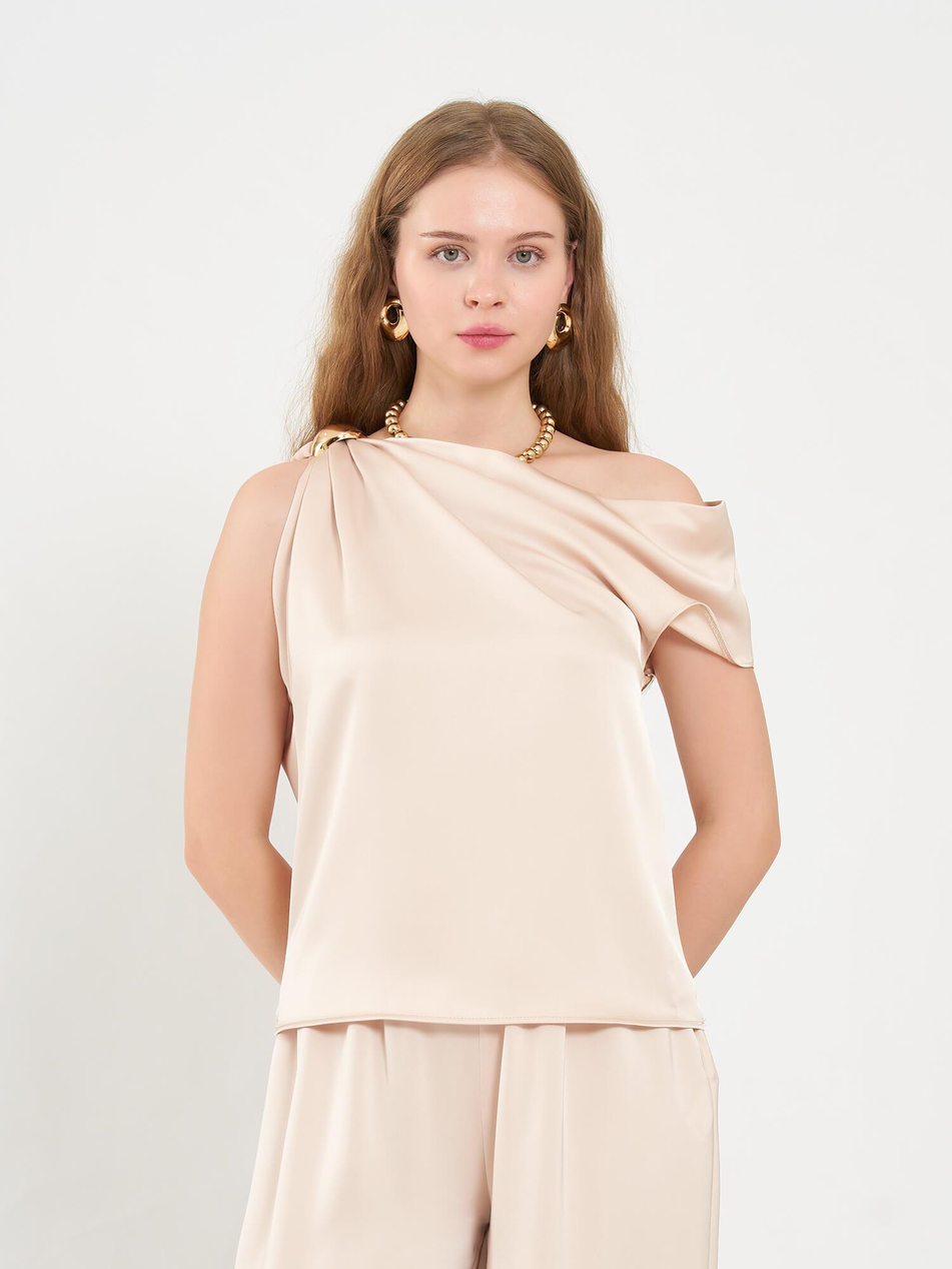 Omzu Tokalı Asimetrik Yakalı Bluz 071821 BejCoral