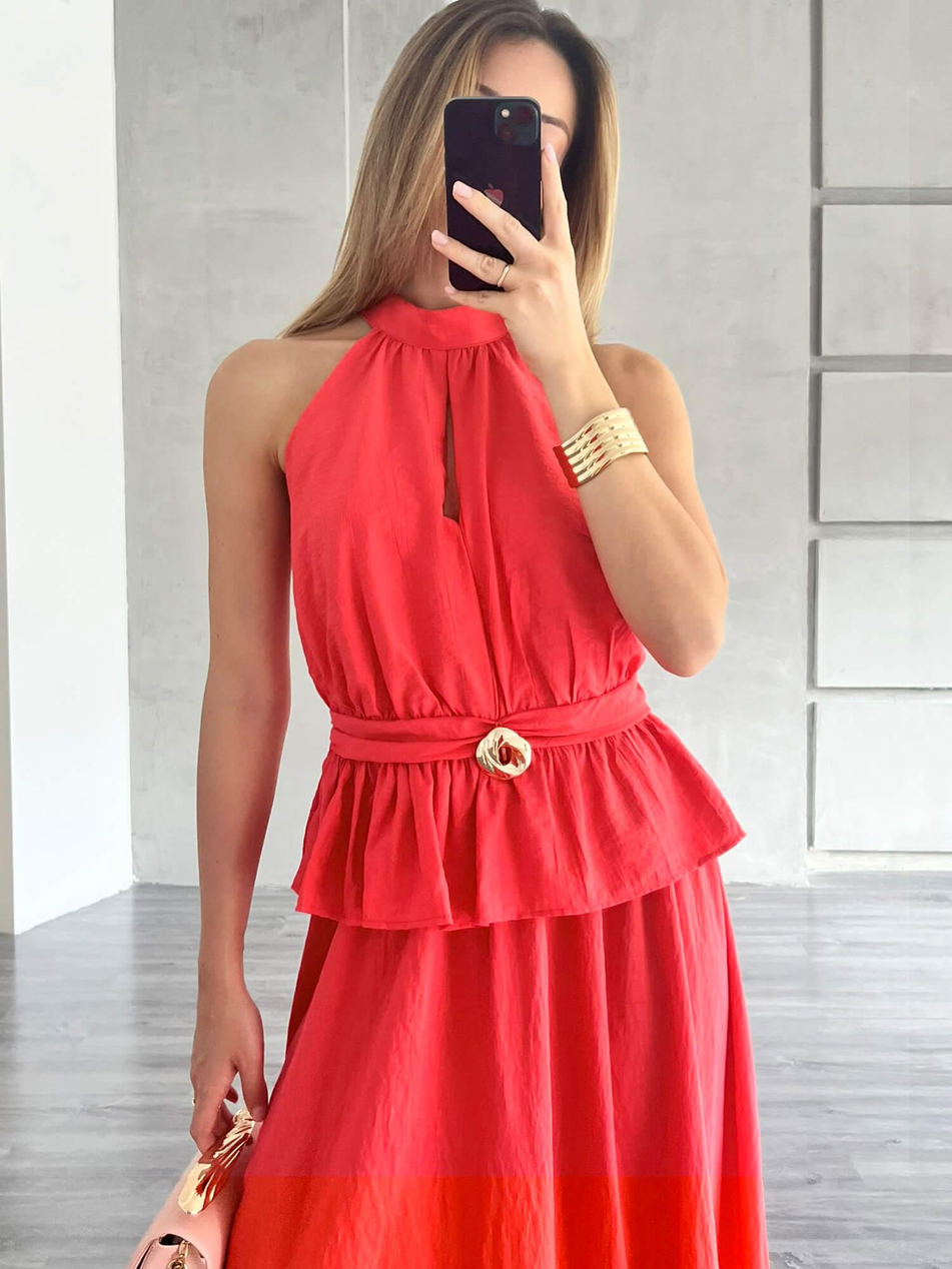 Önü Aksesuarlı Bluz Etek Takım Nar ÇiçeğiCoral